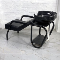 Fauteuil de lavage professionnel robuste en fer forgé noir avec revêtement en cuir PU confortable, ensemble complet pour salon de coiffure commercial