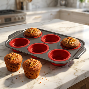 Utensilios para Hornear, Molde de Silicona para 6 Muffins con Marco de Acero, Bandeja Redonda Antiadherente para Cupcakes, Molde para Hornear para Mini Tartas de Huevo, Brownies y Pasteles - Product Image 3