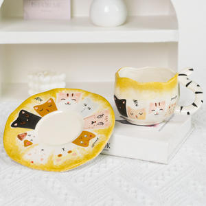 Taza de café de cerámica con platillo, diseño de gato pintado a mano, estilo INS, de alta calidad, novedad creativa - Product Image 2
