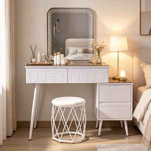 Modern <b>Makeup</b> <b>Vanity</b> With Lighted <b>Mirror</b> Storage Drawers Bedroom Dressing Table With Stool - Product Image 5