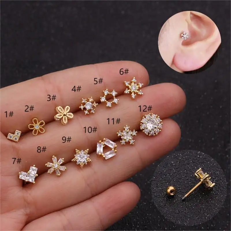 Fashion Stainless Steel Screw Back Ball Tragus Flower Stud CZ Rhinestone Earrings Helix Ear Piercing Jewelry