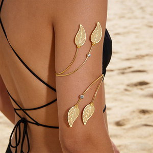 Gold Plated Leaf Cuff <b>Bracelet</b> Women's Bohemian <b>Crystal</b> Rhinestone Alloy Arm Band Party Jewelry - Product Image 1