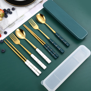 Juego de cubiertos de acero inoxidable con mango de cerámica, utensilio portátil para acampar al aire libre, para estudiantes y adultos - Product Image 1