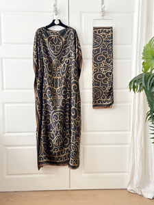 Chic Bohemian Silky <strong>Kaftan</strong> Robe with Gold Floral Embroidery &amp; Matching Scarf - Product Image 1