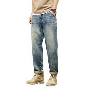 Jean en denim délavé coupe droite pour homme, taille mi-haute, coupe classique, décontracté, en coton bleu, pour l'automne - Product Image 3