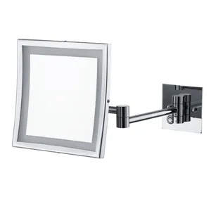 Bathroom Wall Mounted Extendable Arm Shaving Mirror, LED Lighted 3X Magnifying Square Makeup Mirror With Touch Sensor Switch