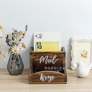 Buzón de madera con cajón para llaves, organizador de escritorio de doble compartimento, caja de almacenamiento de madera maciza retro blanca y marrón para uso en oficina - Product Image 3