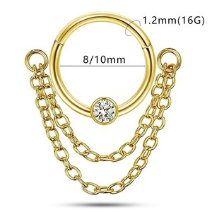 <b>Double</b> Chain <b>Nose</b> <b>Ring</b> With Zircon Inlay Stainless Steel Piercing Jewelry Gold Color Geometric Design For Gift - Product Image 2
