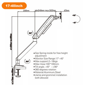 Nhiệm vụ khả năng chịu tải 18kg khí duy nhất mùa xuân màn hình cánh tay Chiều cao có thể điều chỉnh máy tính bàn màn hình đứng cho 17-40 "Màn hình - Product Image 2