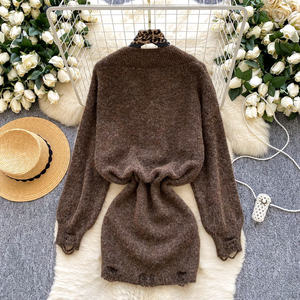 Abito Vintage da <span class=keywords><strong>Donna</strong></span> Elegante a Maglione <span class=keywords><strong>Corto</strong></span> Pullover con Scollo a V Laccio Manica Lunga e Cintura in Vita - Product Image 4