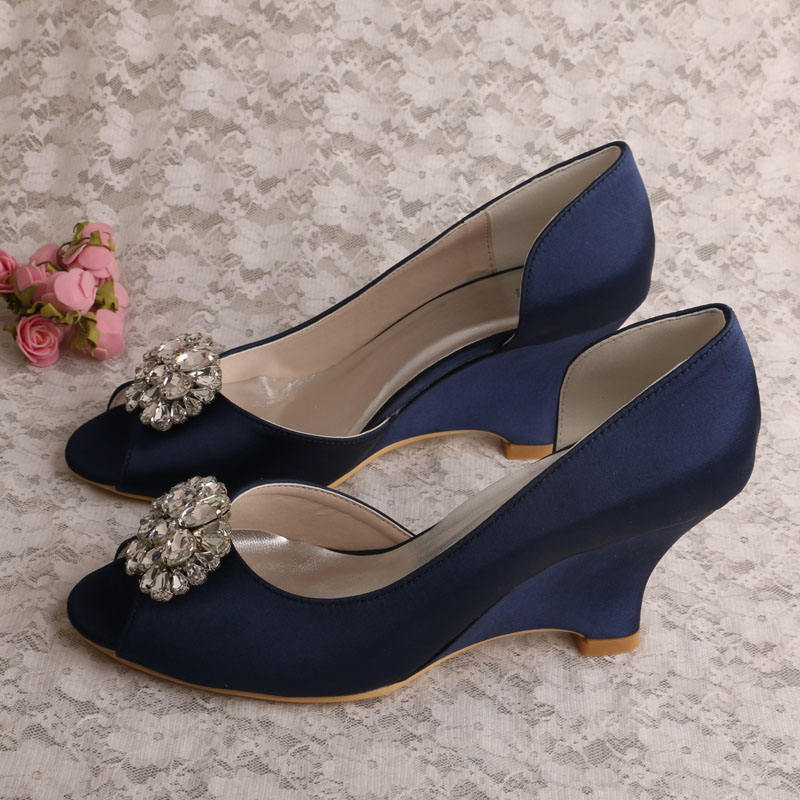 Navy Blue Peep Toe Wedge Heels for Bridal Fashion OEM Available