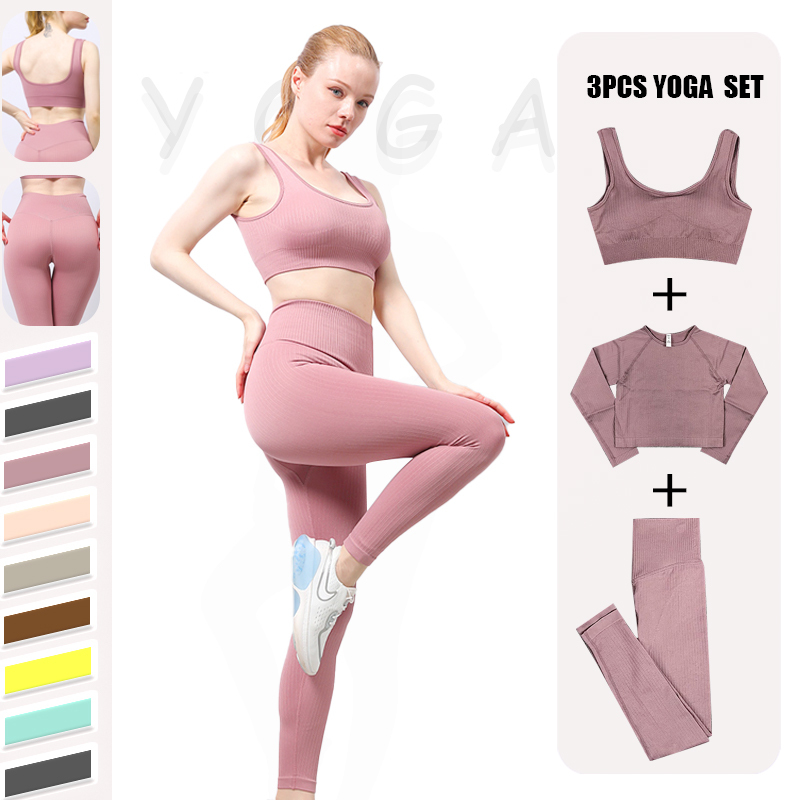 2022 Custom Women's Sportswear Gym Fitness Sets High Waist Leggings & 3-Piece Bra Breathable & Eco-Friendly Yoga Wear Suit