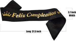 Banda de Satén Negra con <span class=keywords><strong>Feliz</strong></span> Cumpleaños Dorado, Banda de <span class=keywords><strong>Feliz</strong></span> Cumpleaños, Decoración para Fiestas Temáticas de Carnaval Mexicano - Product Image 2