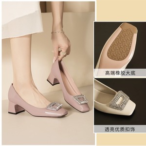 Square Toe Pumps With Rhinestones Medium Heel Office Shoes For Women Comfortable Solid Color <b>Dress</b> Shoes 5688B-175 - Product Image 5