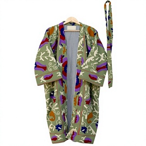 Embroidered Floral Kimono Robe Set <b>Women</b> Long Sleeve V-neck Open Front Lounge <b>Coat</b> and Pants Wholesale Suzani Cotton Robe - Product Image 2