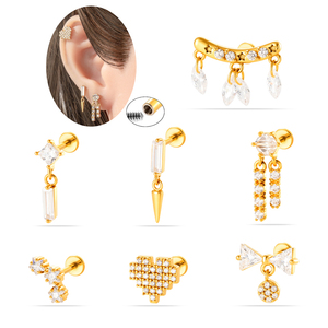 HENGSEN Chirurgenstahl Piercing Gold PVD Ohrstecker Conch Lobe Herz CZ Klappanhänger Innengewinde Helix Piercing Schmuck - Product Image 1
