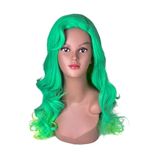 Long Loose Wave Machine Made Green Synthetic Wig In Stock