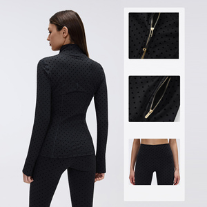 Completo Sportivo da Donna con Stampa a Pois Nera, Leggings e Giacca con Colletto Alto e Cerniera Dorata, Vestibilità <span class=keywords><strong>Slim</strong></span>, Abbigliamento da Palestra di Marca - Product Image 2