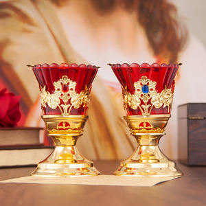 HT placcato oro portacandele chiesa centrotavola gesus portacandele religioso con vetro rosso tazza di decorazione per la casa di nozze - Product Image 1