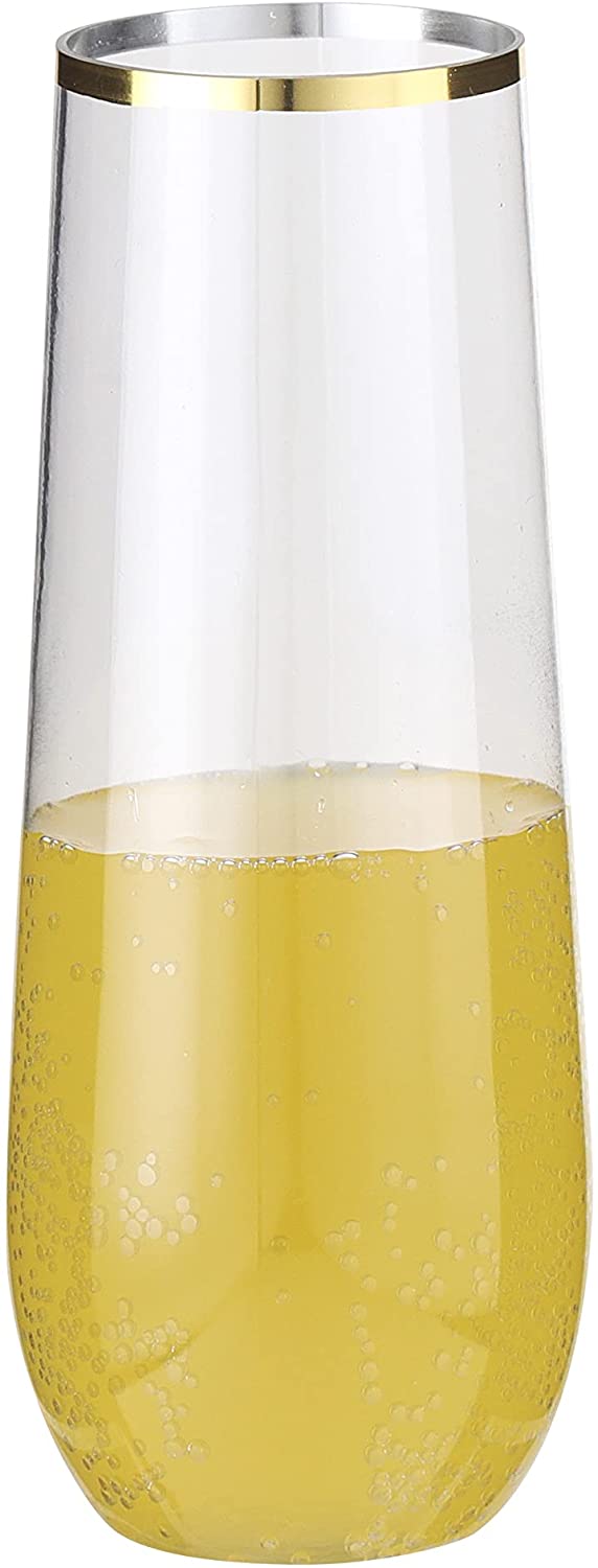 9 Oz Plastic Champagne Flutes Stemless Gold Rim Glass Plastic Wine Glasses Cocktail Parties