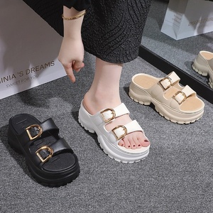 Summer Fashion Round Toe Leather Platform Heeled Sandals Height Increasing Casual Slides Slippers Slip-On Wedges Design - Product Image 1