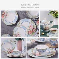 Vaisselle en porcelaine classique à motifs floraux en nouvelle porcelaine osseuse, motif de jardin en bois de rose en glaçure, forme festonnée pour un usage quotidien à la maison