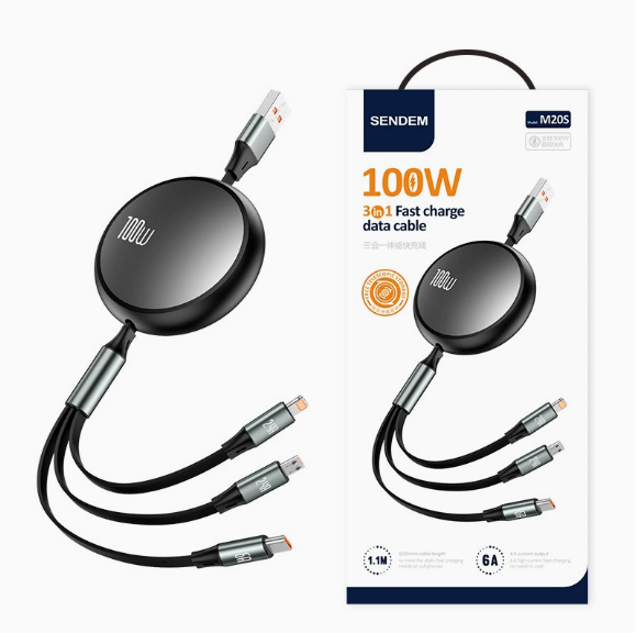 M20S 100W Retractable 3-in-1 Fast Charging Cable 6A TPE Cord for IOS Type-C Micro USB Devices