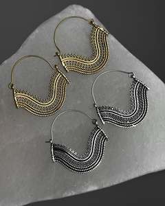 Crescent Wave brass <b>Hoop</b> <b>Earrings</b> Golden <b>Silver</b> Textured Boho mandala art Dangle <b>Earrings</b> for Women | Ethnic Jewelry Wholesale - Product Image 3