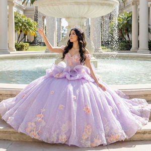 Vestido de Quinceañera Jancember 6878 Lila, Vestido de Baile con Flores 3D, Vestido de Novia Lavanda con Volantes, Dulce Vestido para Fiesta de Quince Años, Banquete o Evento - Product Image 1