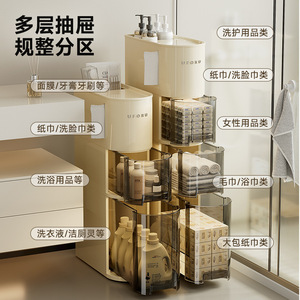 Uforu Multi Layer Bathroom Storage Cabinet With Wheels Freestanding Drawer Style Narrow Toilet Side Organizer Creamy White - Product Image 2