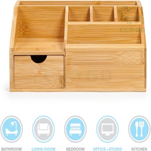 Bamboo Luxury Office <b>Desktop</b> Makeup Brush Display Box Storage <b>Stand</b> Custom Logo Desk Pen Holders Cosmetic Organizer - Product Image 3