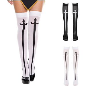 Bas blancs au-dessus du genou avec imprimé croix noire, accessoire de costume pour femme, tenue de fête d'Halloween - Product Image 3