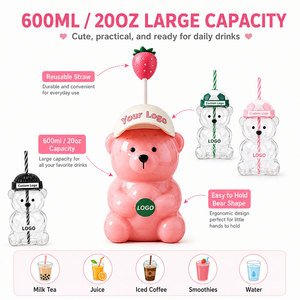 Oferta Especial: <span class=keywords><strong>Vasos</strong></span> de Vidrio con Diseño de Oso de Peluche Fresa 2026, Personalizables con Logotipo, 20 oz, con Tapa y Pajita, para Café - Product Image 1