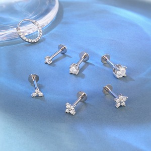 Flat Back 925 <b>Sterling</b> <b>Silver</b> Moissanite <b>Cartilage</b> Stud <b>Earrings</b> Minimalist Flower Triangle Four Prong Threaded Piercing Jewelry - Product Image 4
