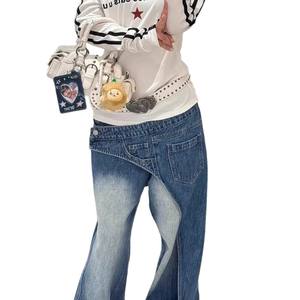 American Street Style Asymmetrical Washed Chiffon Jeans for <b>Women</b> 2025 Spring New <b>Boot</b> Cut Loose Cute Draped Long Pants - Product Image 5