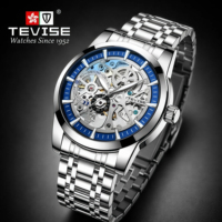 Montre mécanique automatique squelette pour homme TEVISE personnalisée, mouvement en acier inoxydable, bracelet en acier inoxydable, étanche 3BAR