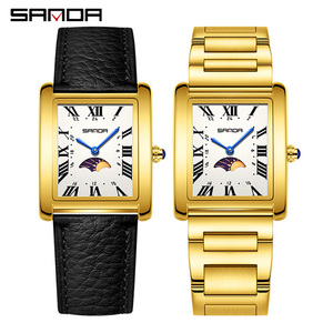 Montre rectangulaire de luxe pour femme Sanda 9122 en or jaune avec phase de lune, mouvement à quartz analogique, fermoir pliant, bracelet de 18 mm - Product Image 1