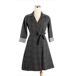 Robe longue à carreaux pour femmes, 2020, printemps et automne, coupe-vent, Blazer, robe portefeuille, fabriqué au Vietnam