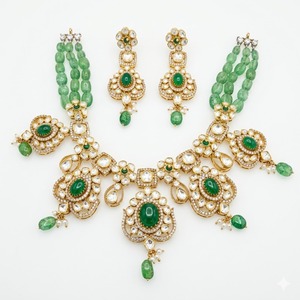 Juego de Collar de Plata 925 de Lujo para Mujer, Cuentas Verdes, Trabajo Kundan, Joyería Nupcial India Tradicional, Juego de Regalo con Aretes - Product Image 4
