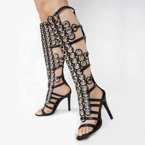 Summer Metal Circle Ornaments Women Knee High Boots High Slim Heeled Cut Out Long <b>Booties</b> Sexy Punk Styles Dress Shoes - Product Image 5