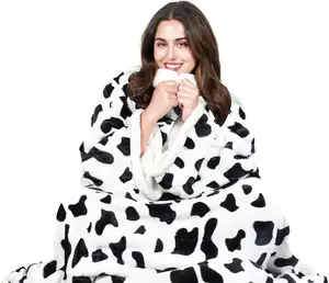 Super Soft Comfy Warm Plush Throw Sleeves TV Blanket Wrap Robe Cover Sofa Cow Print Sherpa Wearable Blanket Adult Men Women