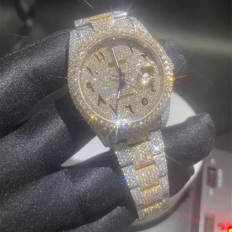 Jam tangan mekanik blingbling mewah, arloji pergelangan tangan moissanite keluar es vvs