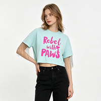 Kaos Wanita Cetak Grafis Katun Kustom Berkualitas Tinggi, Kaos Polos, Kaos Mini Crop dengan Rumbai Metalik untuk Wanita