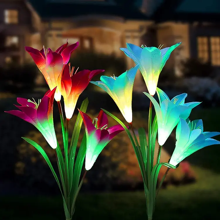 Kanlong Lawn Taman Dekorasi Berubah Warna-warni, Bunga Lily Tenaga Surya Tahan Air Luar Ruangan Lampu Tonggak Led