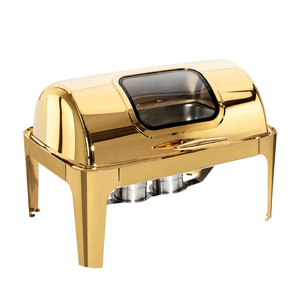 Réchaud de buffet de luxe en acier inoxydable doré avec couvercle roulant et fenêtre en verre pour la restauration hôtelière - Product Image 1