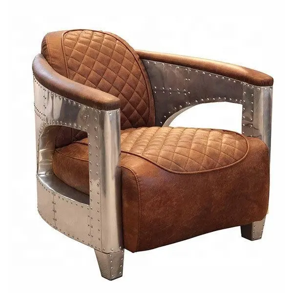 Sofá de aviador de lujo de cuero tostado vintage de estilo europeo sillón de salón de aluminio de avión industrial