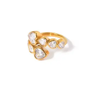 French Popular 18K Gold Adjustable Stainless Steel Diamond Heart Cluster Rings With Diamonds