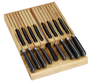 Knife Block Set Bamboo Knife Storage Block In-Drawer 16 Knife Block Bamboo Organizer Drawer Knife Set Storage With Safety Slots For 16 Knives And Knife Sharpener