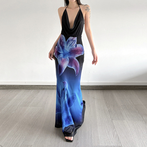 ชุดเดรสลำลองสำหรับวันหยุดพักผ่อนริมชายหาดฤดูร้อนปี 2026 ลายดอกไม้ดิจิทัลตัดต่อผ้าตาข่าย คอวัว สายคล้องคอ ยาวถึงพื้น เอวธรรมชาติ - Product Image 6