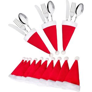 Décoration de table de fête, porte-couverts, housse pour bouteille de vin, chapeaux de Père Noël, sacs à vaisselle, mini pochette chapeau de Noël - Product Image 1